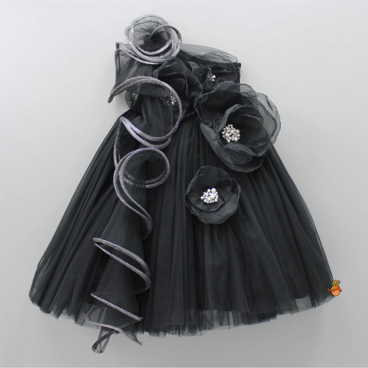 Pearly Adorable Flowers Adorned Black Ruffle Gown