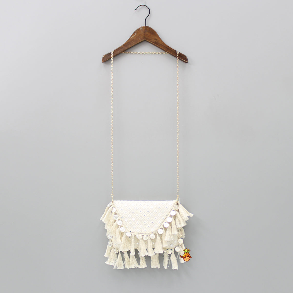 Faux Mirror Work Georgette Off White Sling Bag
