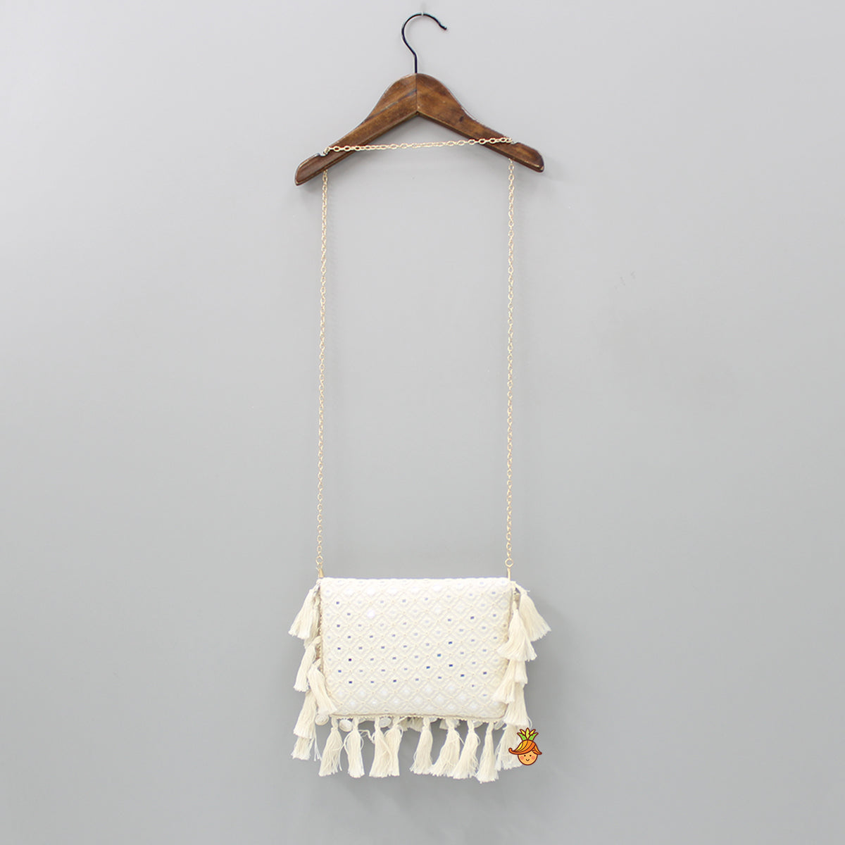 Faux Mirror Work Georgette Off White Sling Bag