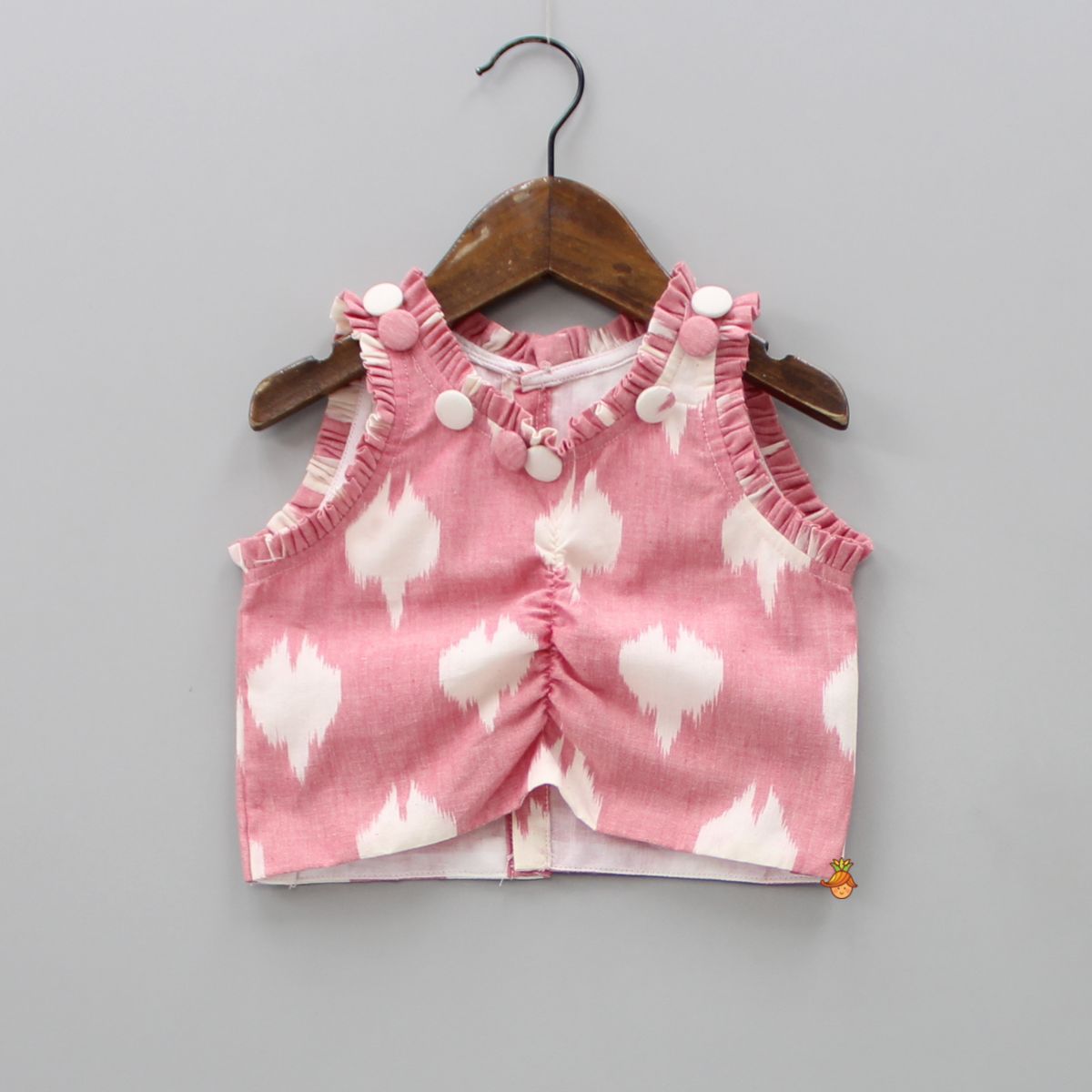 Ikkat Printed Cotton Baby Pink Top With Notch Collar Jacket And Knot Detail Pant