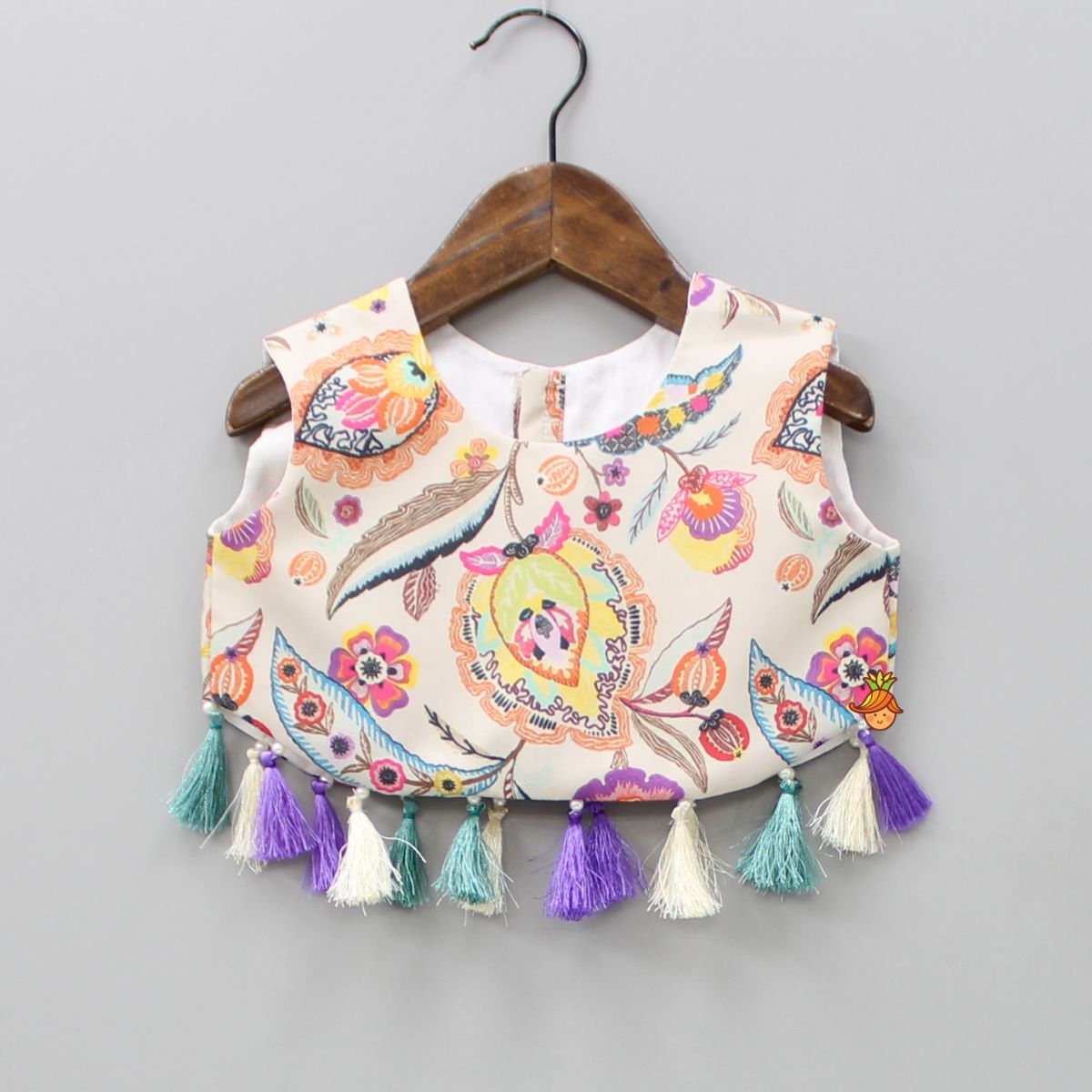 Fringes Detail Round Neck Multicolour Top And Flared Palazzo