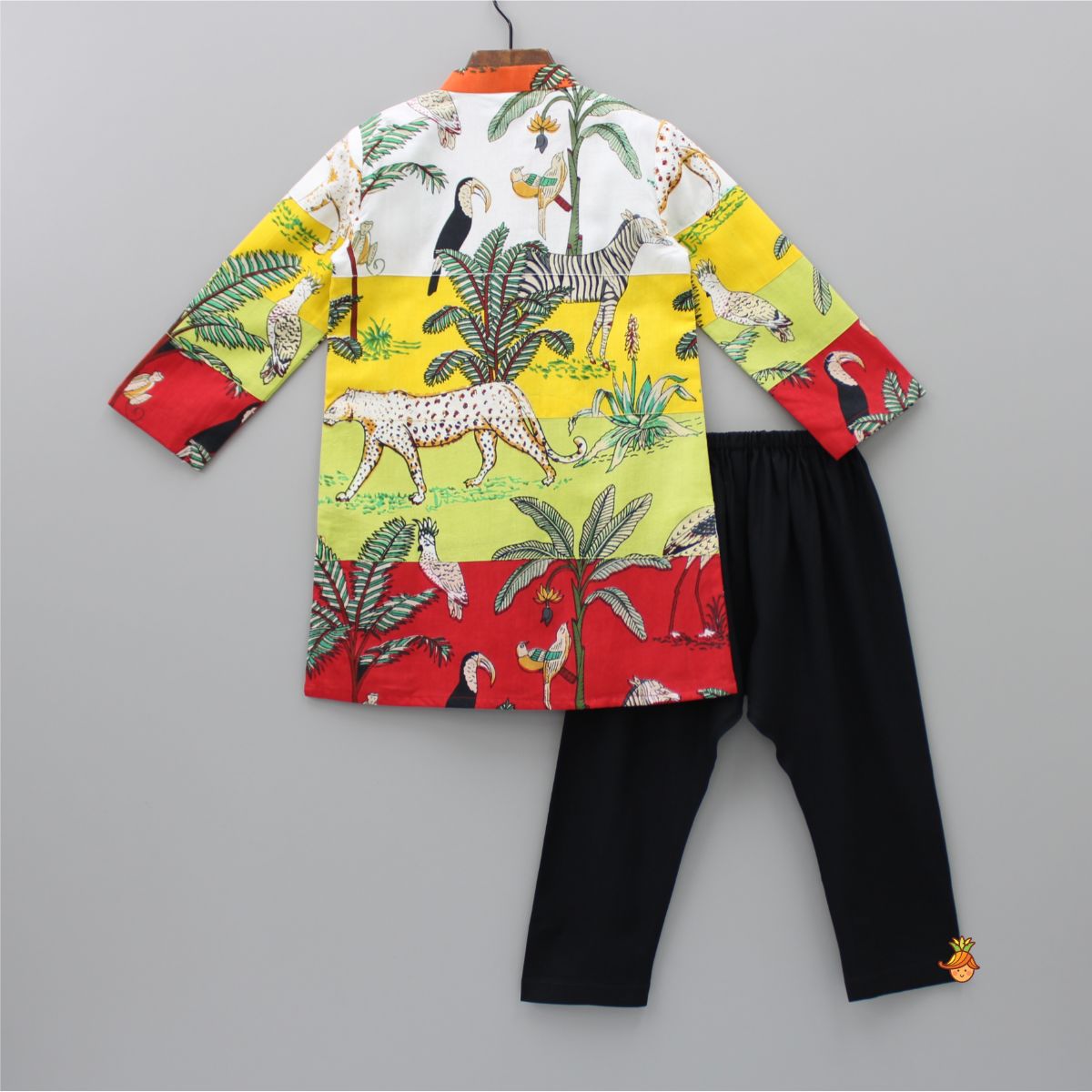 Jungle Theme Printed Multicolour Kurta And Black Pyjama