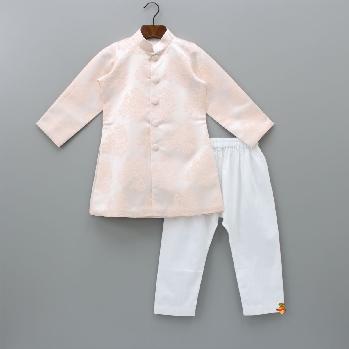 Front Open Floral Peach Sherwani And White Pyjama
