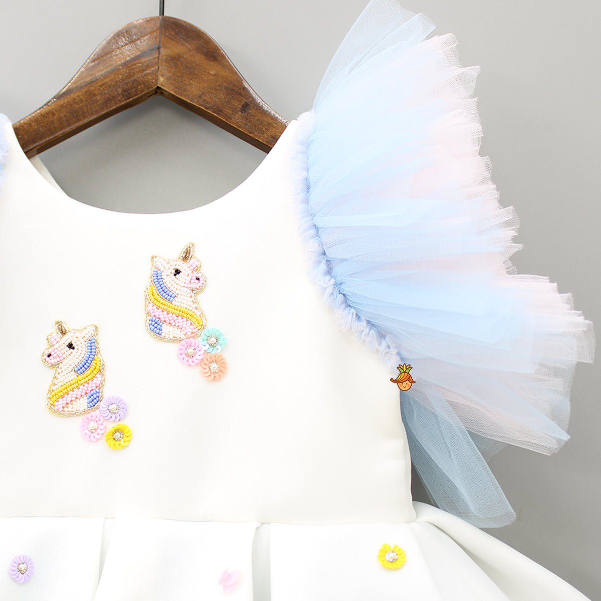 Unicorn Embroidered Yoke Neoprene White And Light Blue Dress