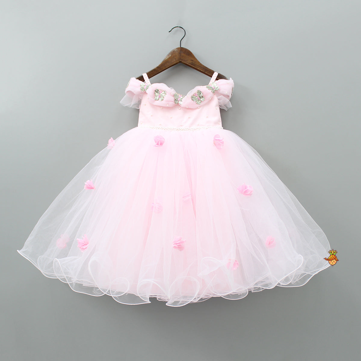 Butterfly And Pearls Enhanced Yoke Floral Baby Pink Gown With Detachable Drape Bow