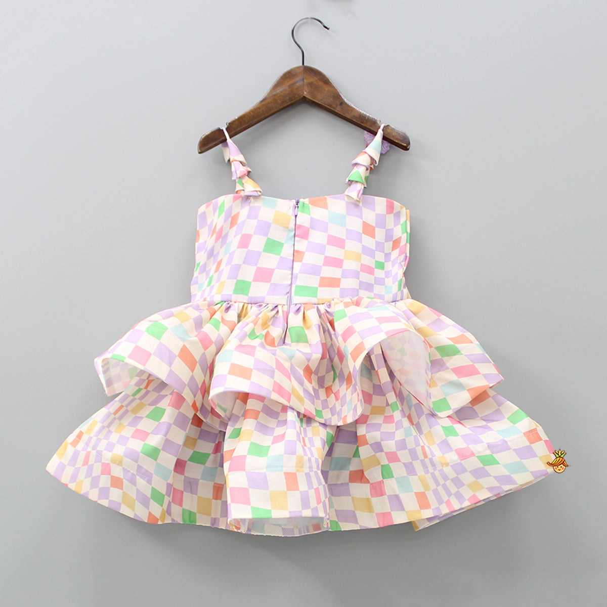Multicolour Checks Layered Dress With Heart Shaped Sling Bag