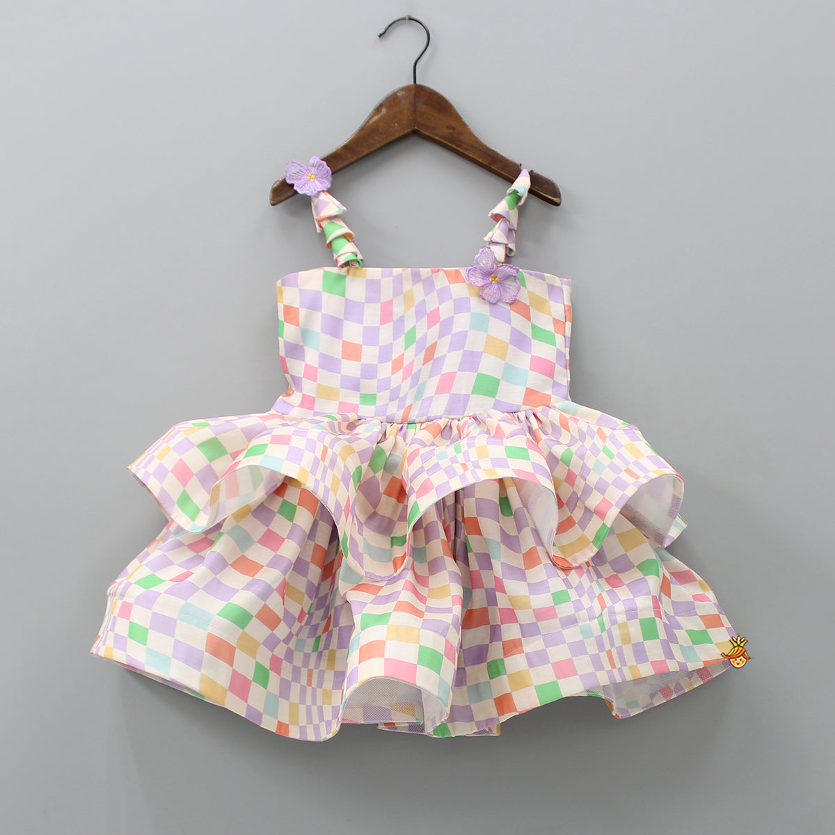 Multicolour Checks Layered Dress With Heart Shaped Sling Bag
