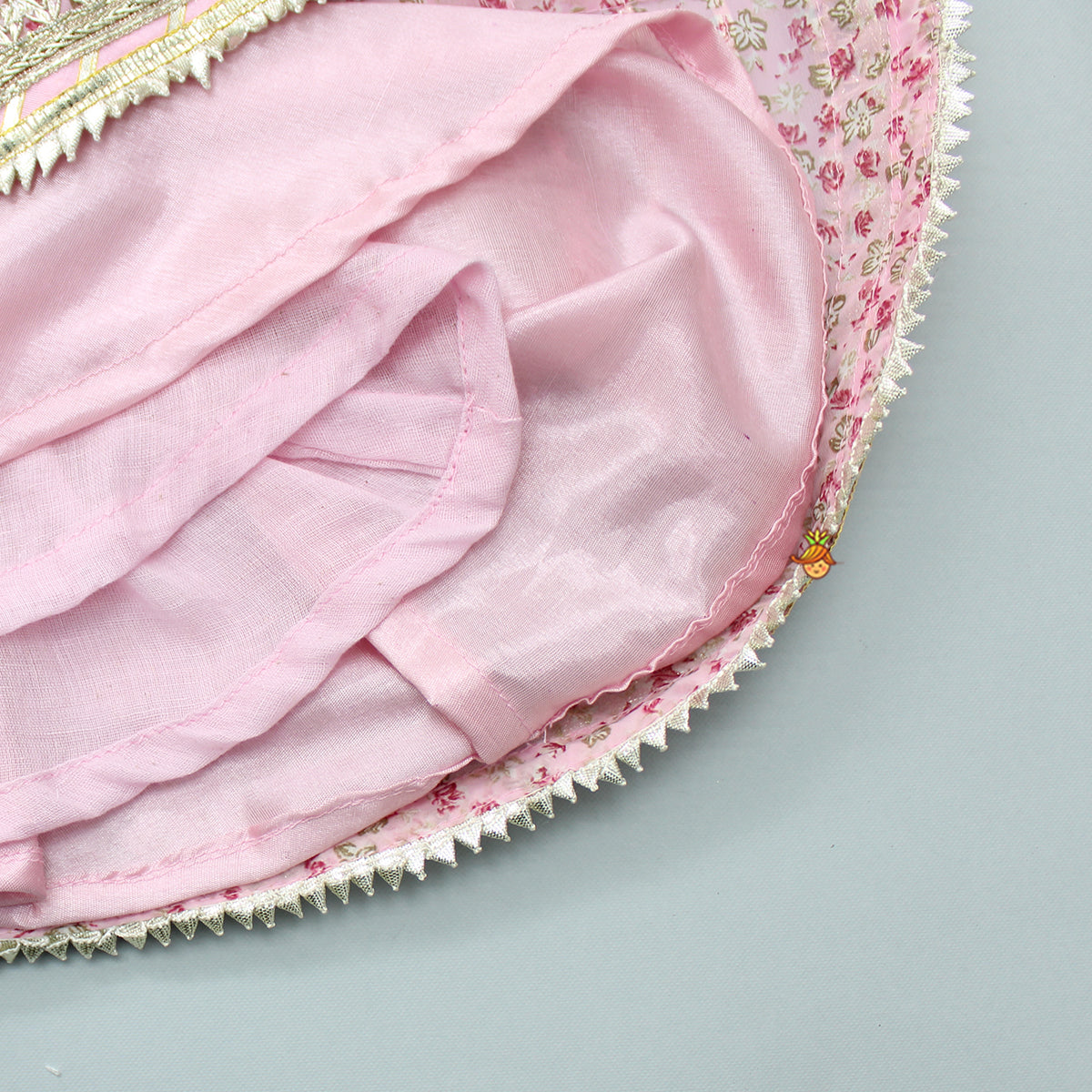 Gota Lace Work Printed Side Slit Baby Pink Kurti And Flared Lehenga With Matching Gota Flower Enhanced Dupatta