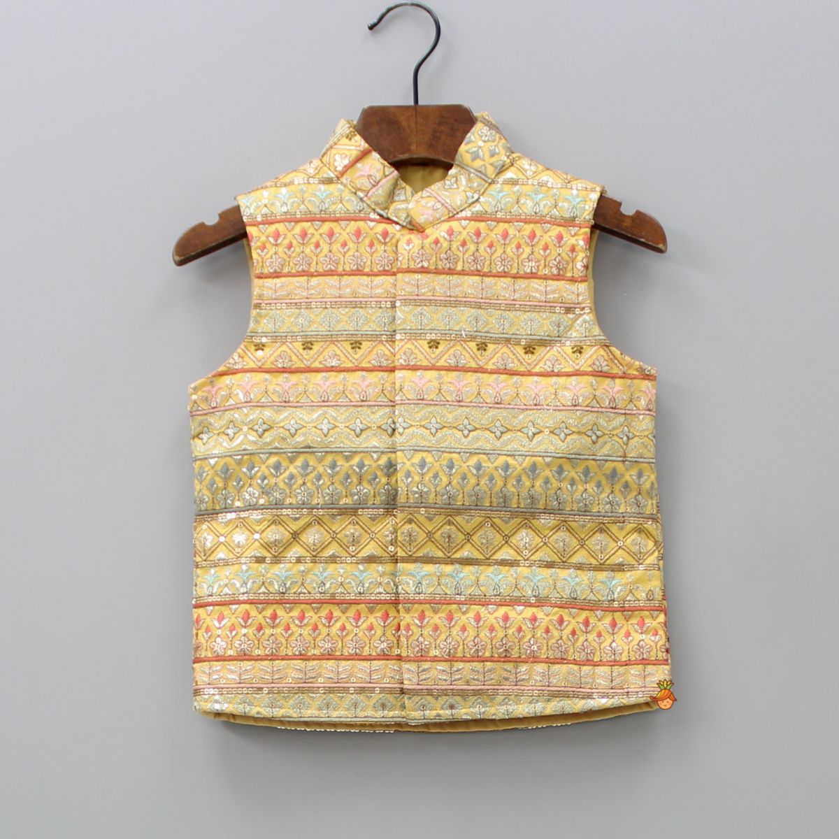 Brocade Placket Mustard Kurta With Intricate Gota Work Jacket And Pyjama