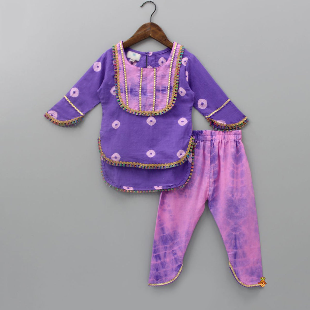 High Low Purple Fringes Kurti And Shibori Printed Stylish Pant