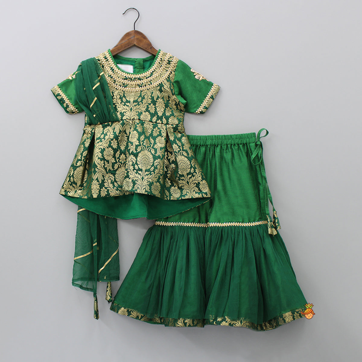 Front Slit Brocade Green High Low Kurti With Attached Dupatta And Net Sharara