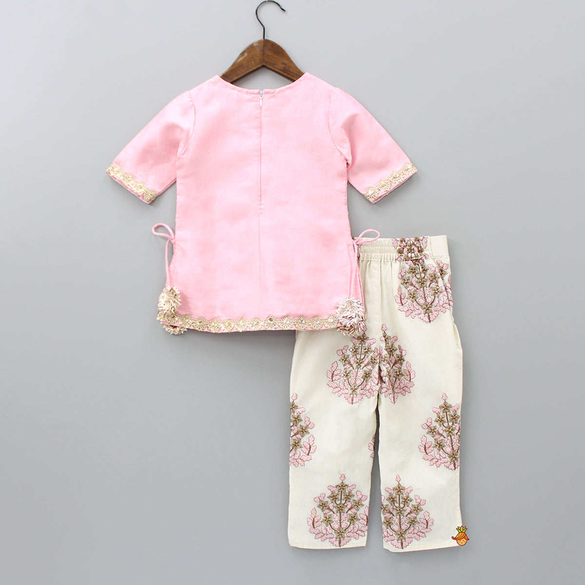 Pink Side Knot Detail Top And Thread Embroidered Pant