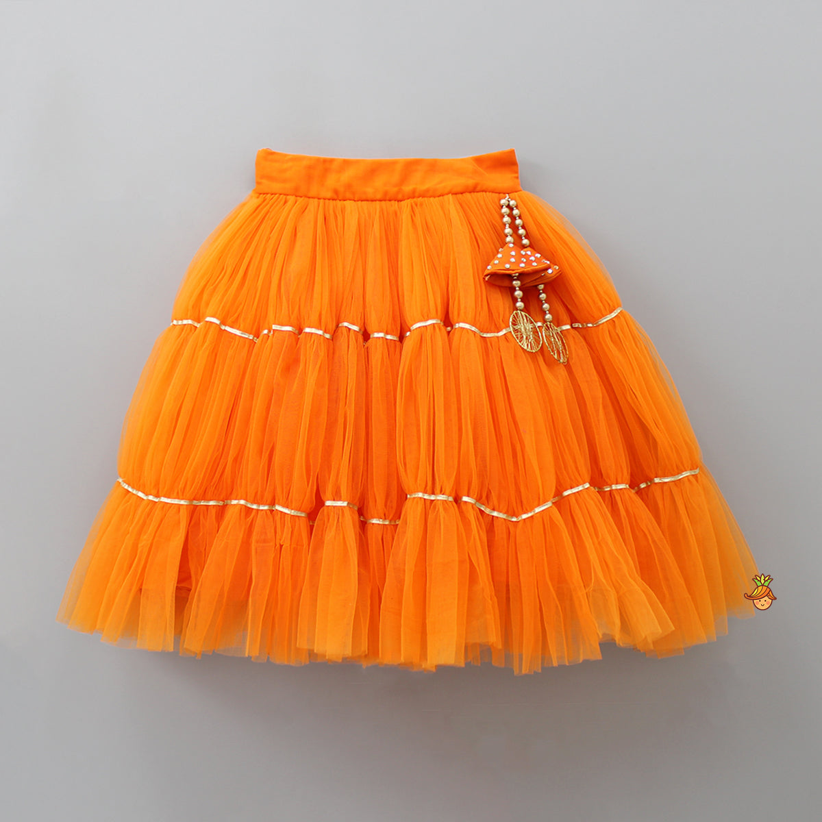 Front Open Embroidered Orange Top And Tiered Net Lehenga With Fringes Dupatta