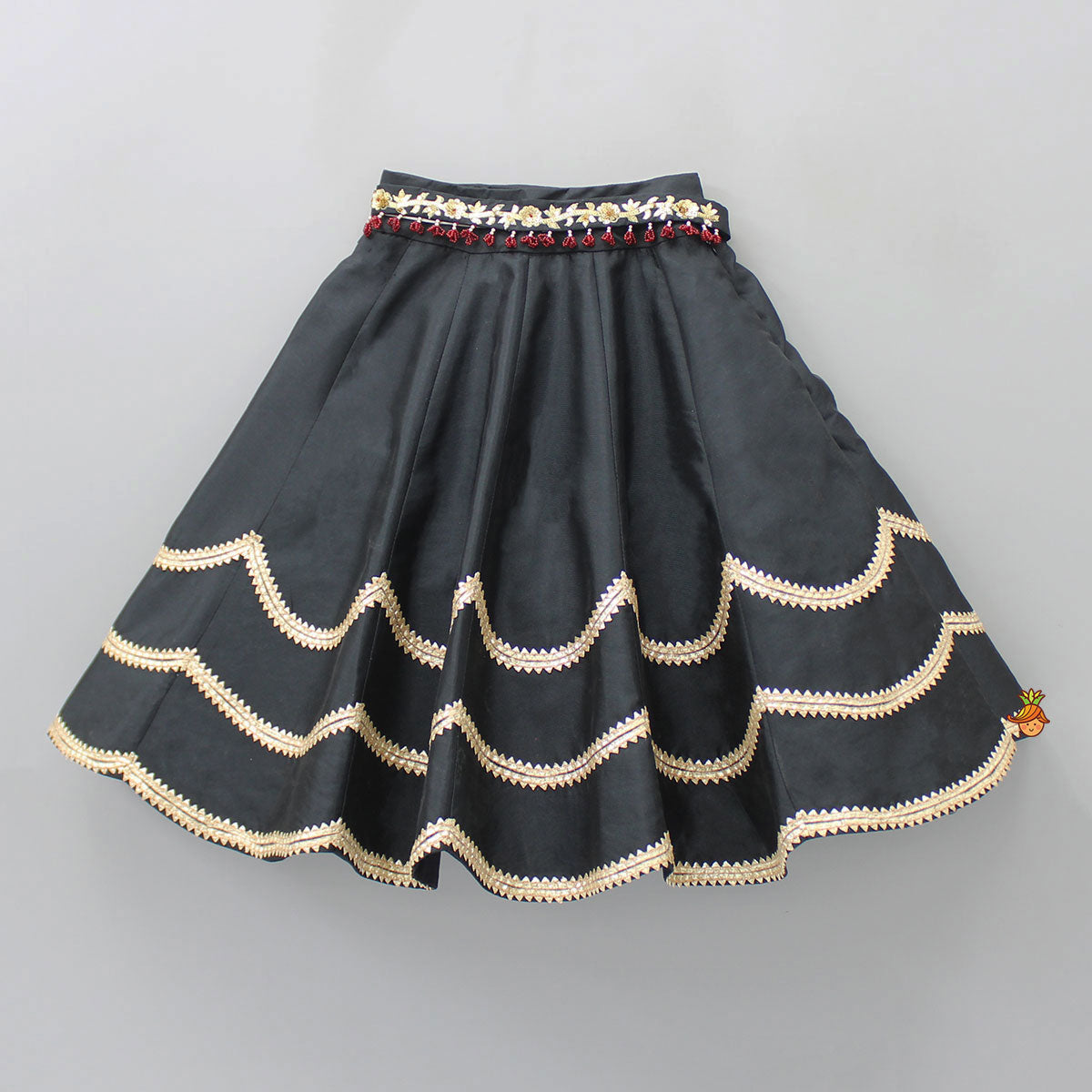 Sequins Floral Embroidered Short Sleeves Black Top And Contrasting Tassels Enhanced Lehenga With Matching Net Dupatta
