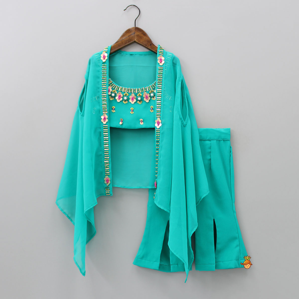 Sequins And Beads Enhanced Top With Cape And Pant With Waist Bag
