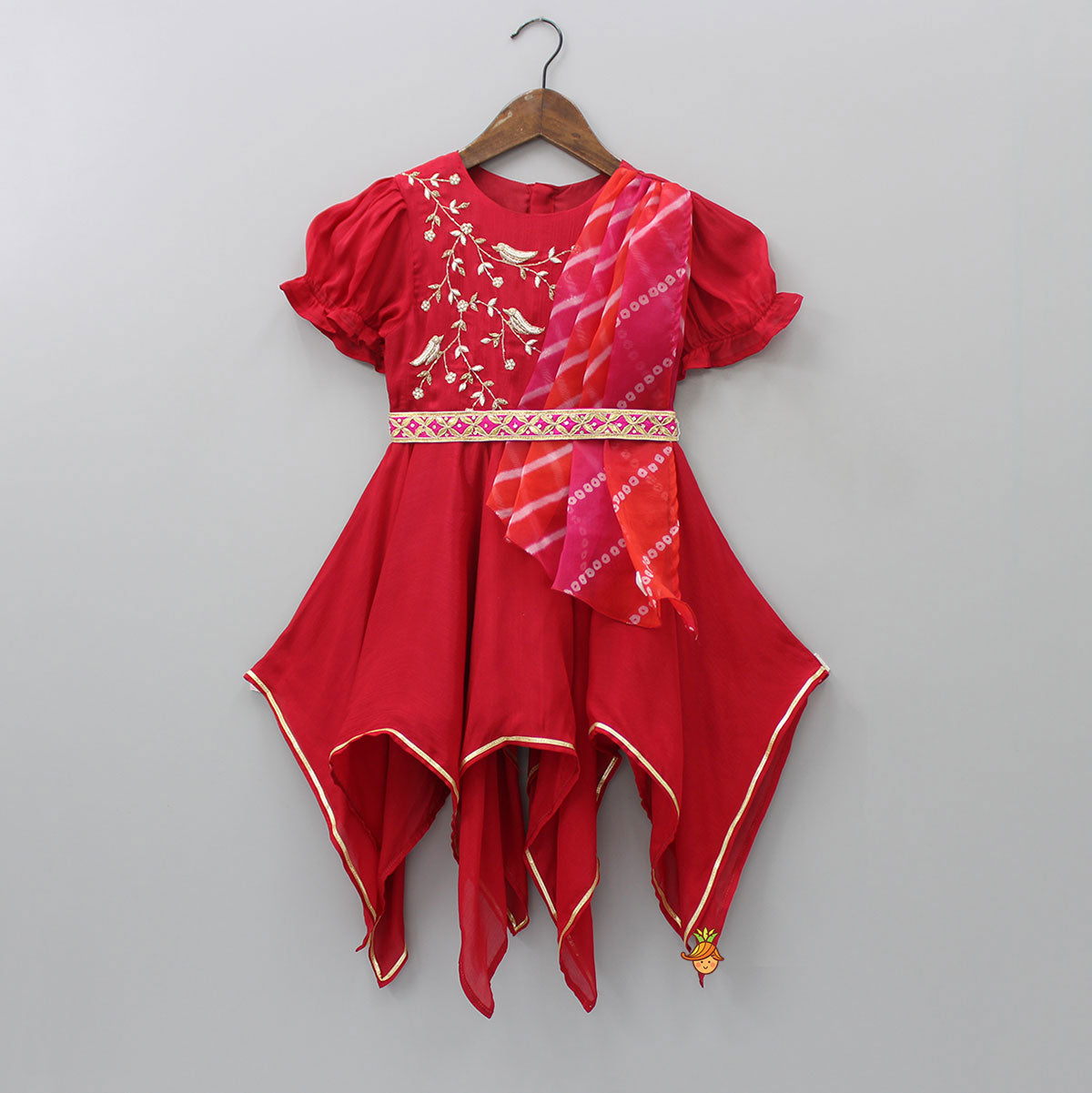 Zardozi Embroidered Asymmetric Red Kurti With Gota Work Belt