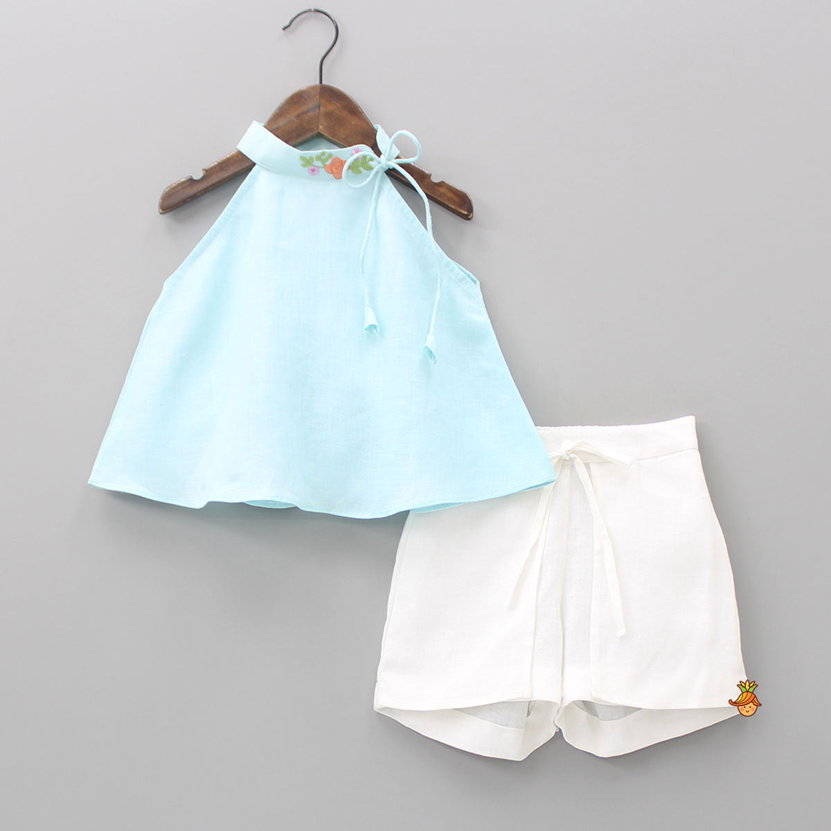 Halter Neck Knot Detail Blue Top And Flap Shorts