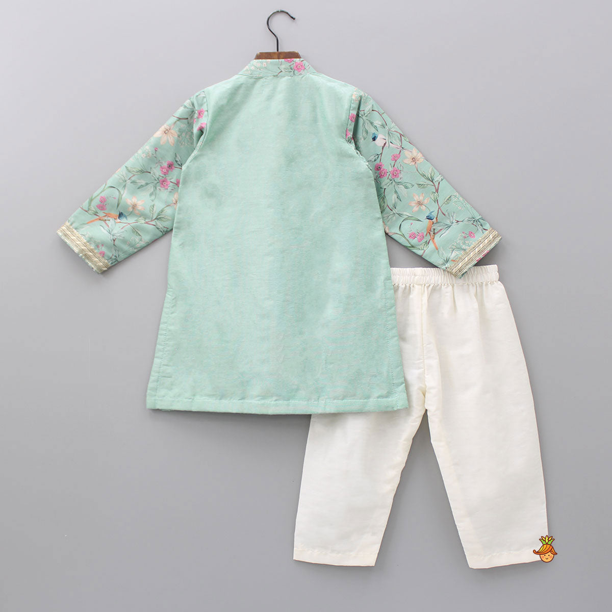 Floral And Birds Printed Cotton Silk Green Kurta With Off White Pyjama