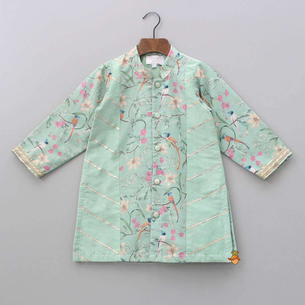 Floral And Birds Printed Cotton Silk Green Kurta With Off White Pyjama