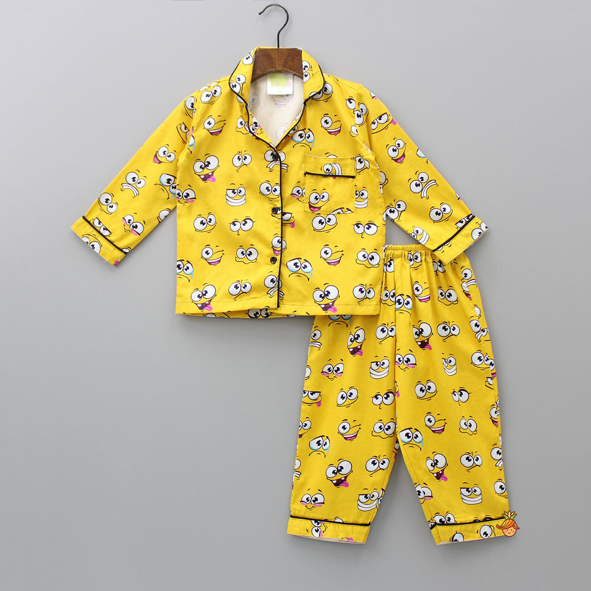 Facial Expressions Printed Pure Cotton Mustard Yellow Sleepwear