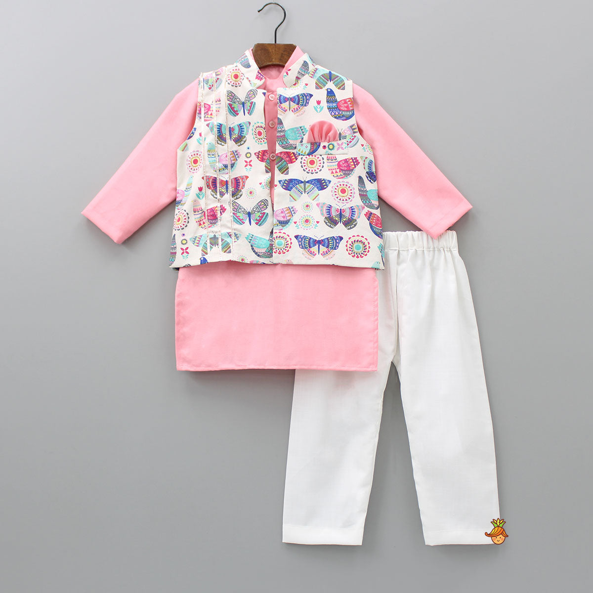 Mandarin Collar Kurta With Butterfly Printed Multicolour Open Jacket And Off White Pyjama