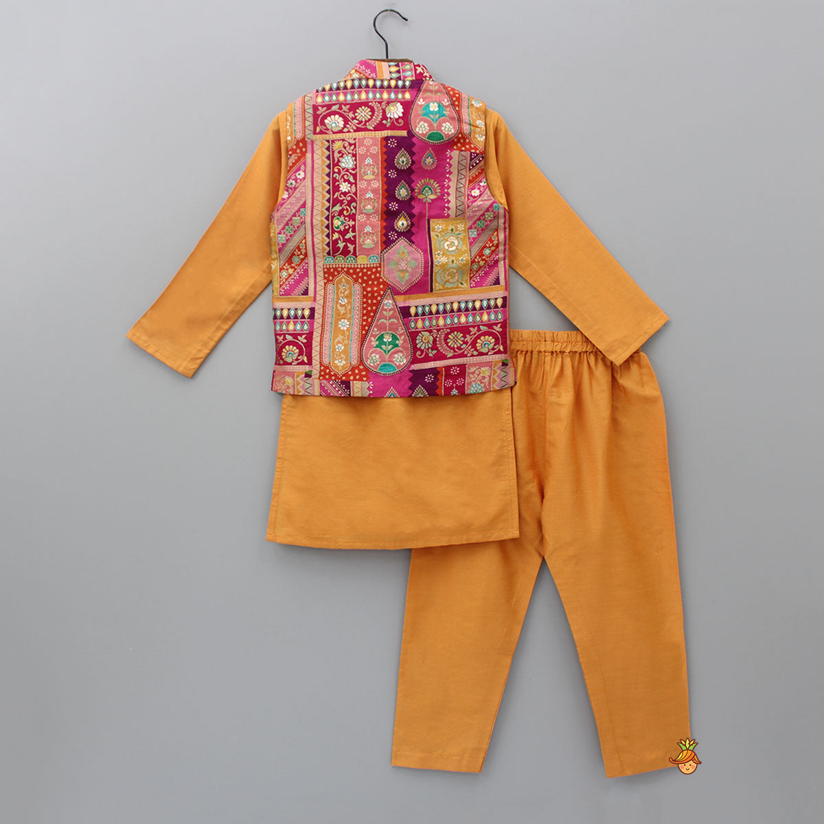 Front Placket Orange Kurta With Cotton Silk Multicolour Brocade Jacket And Pyjama