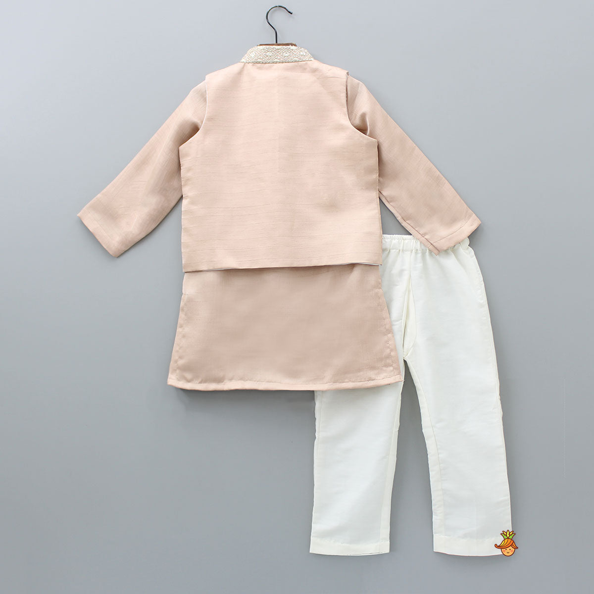 Elegant Peach Kurta And Embroidered Jacket With Off White Pyjama