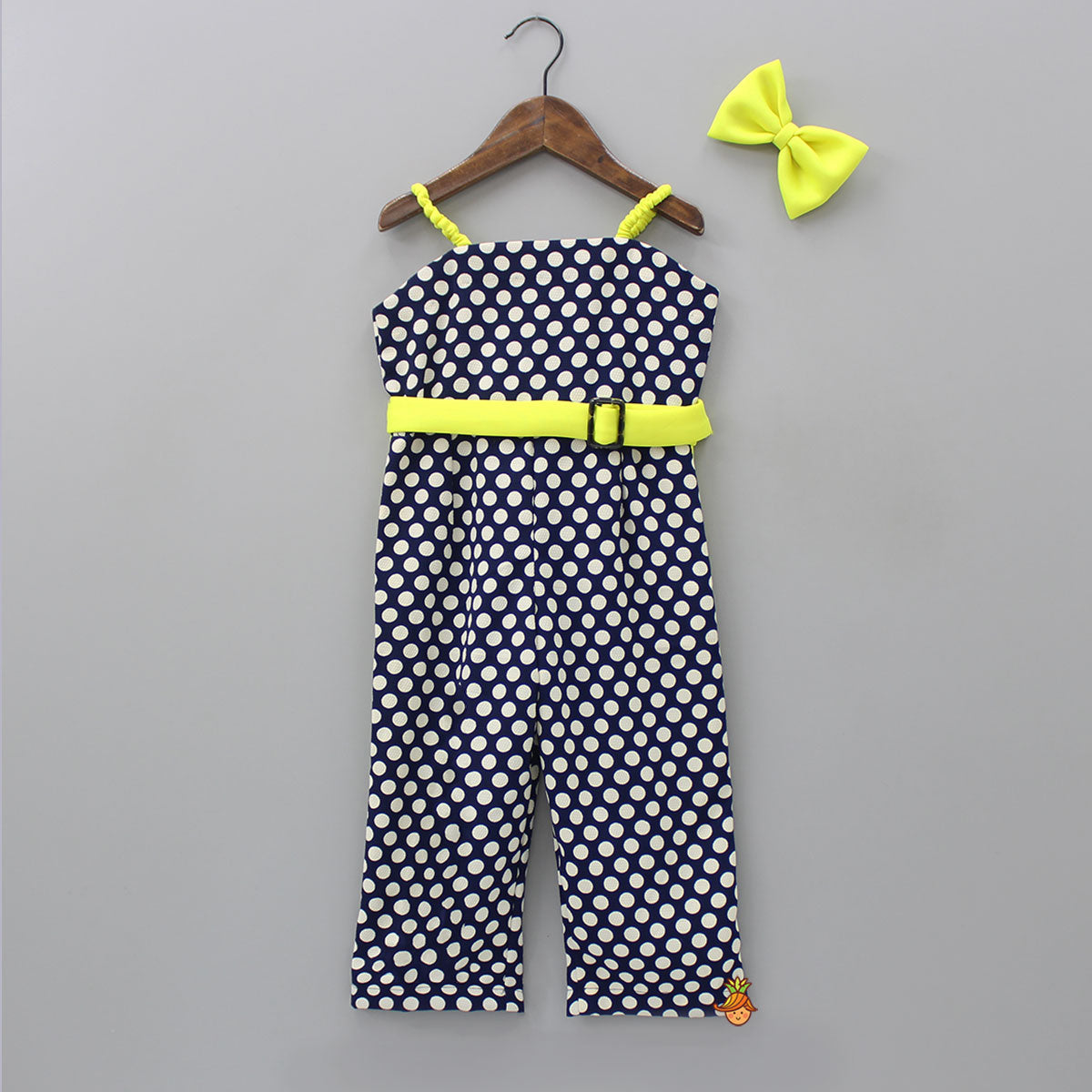 Elasticated Straps Polka Dotted Blue Jumpsuit With Contrasting Waist Belt