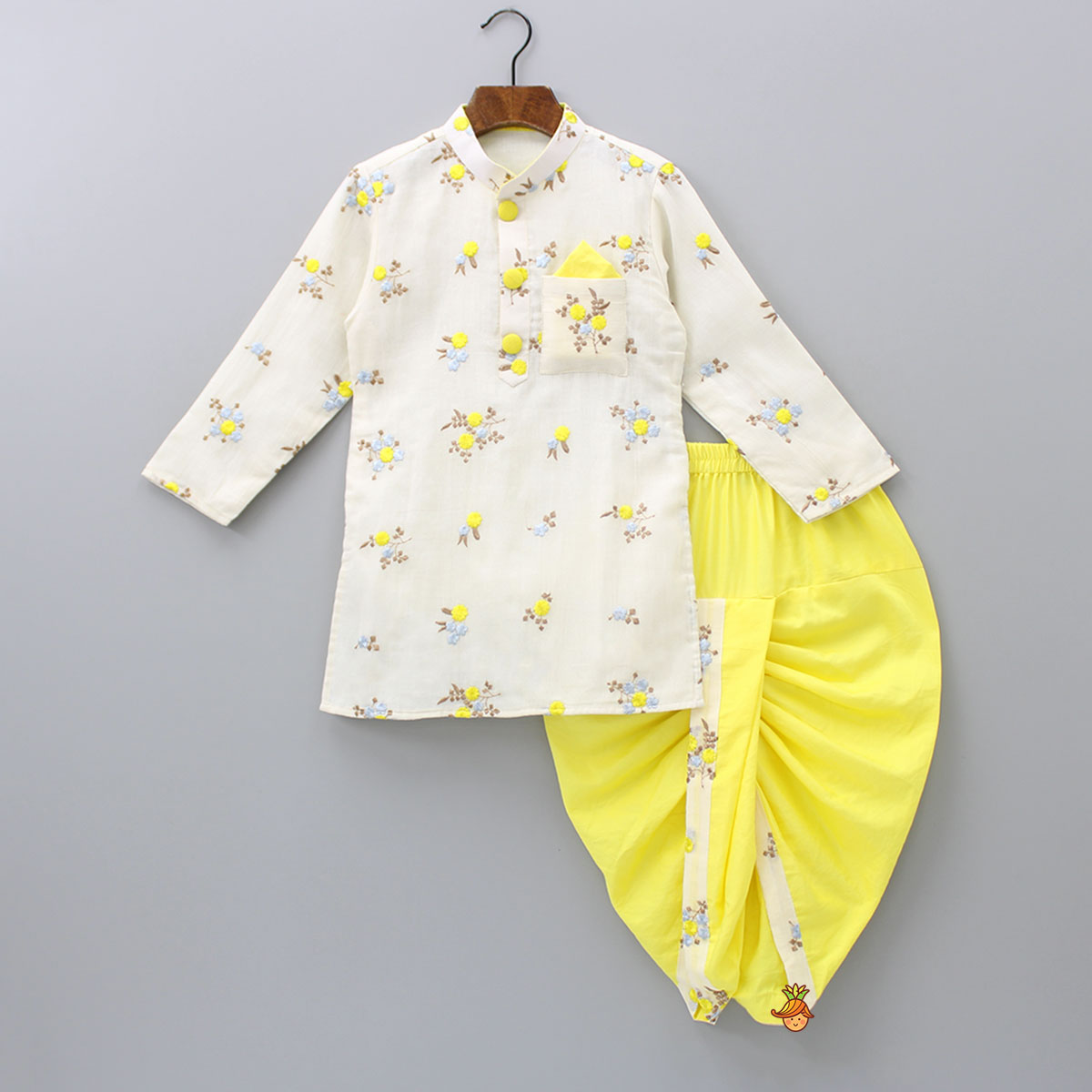 Ethnic Floral Embroidered Off White Kurta And Yellow Dhoti