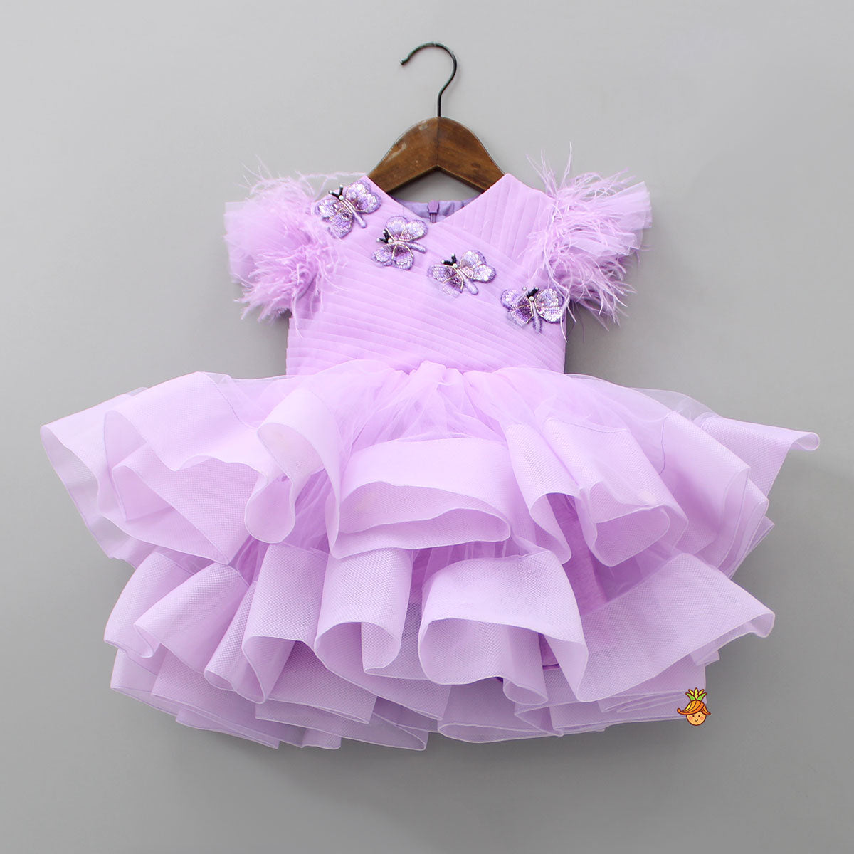 Lovely Butterfly Purple Net Ruffled Dress With Matching Hair Clip