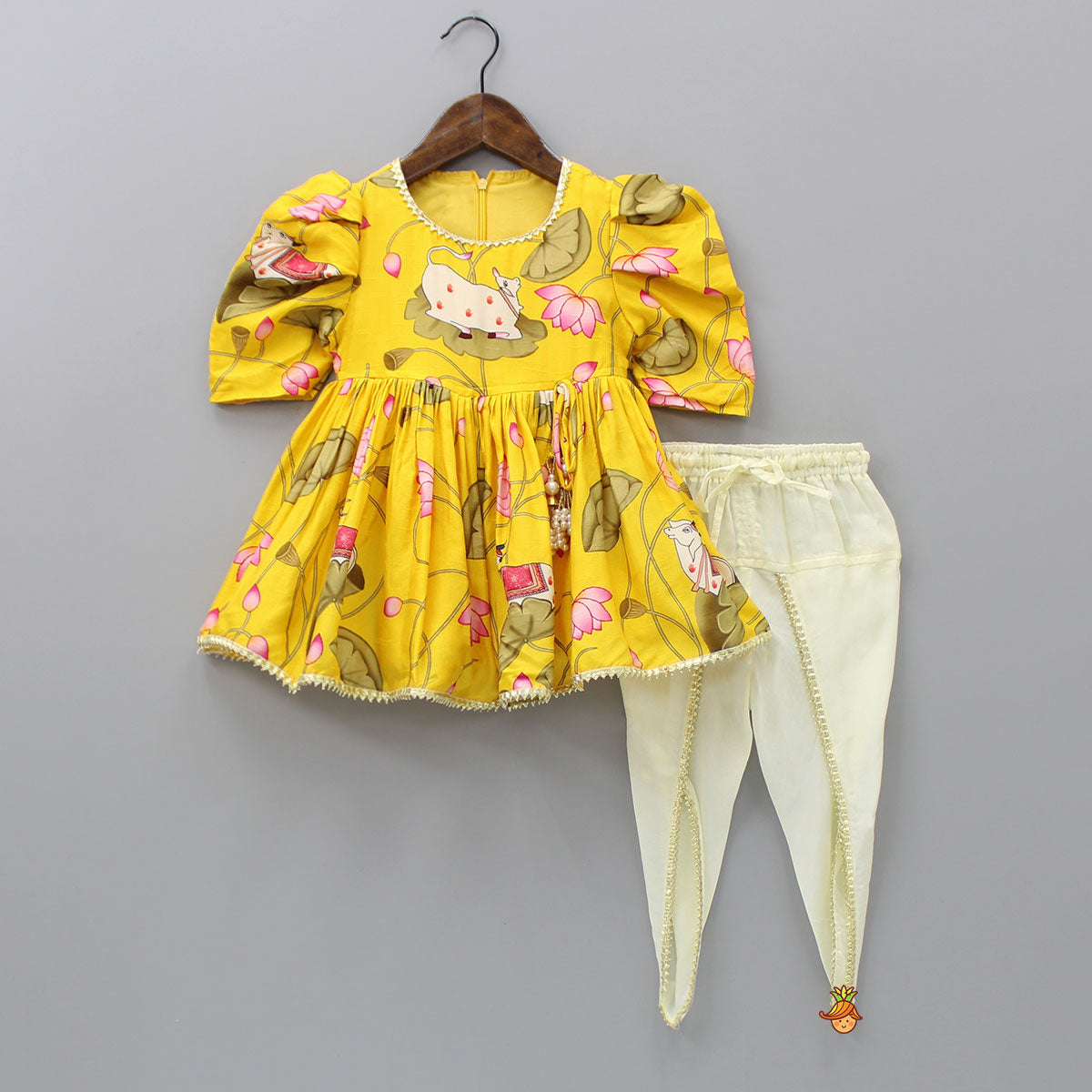 Printed Puffed Sleeves Yellow Peplum Top With Tulip Pant