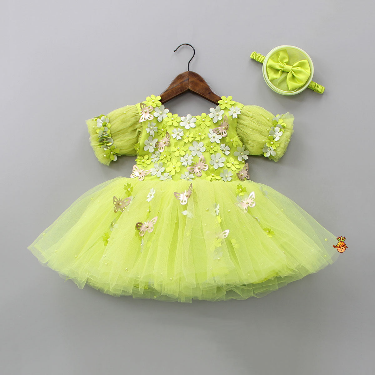 Flower Enhanced Butterfly Wings Green Dress With Head Band