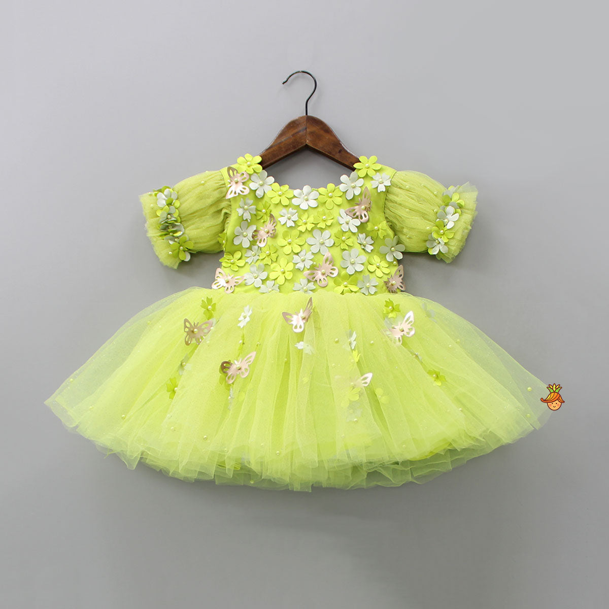 Flower Enhanced Butterfly Wings Green Dress With Head Band