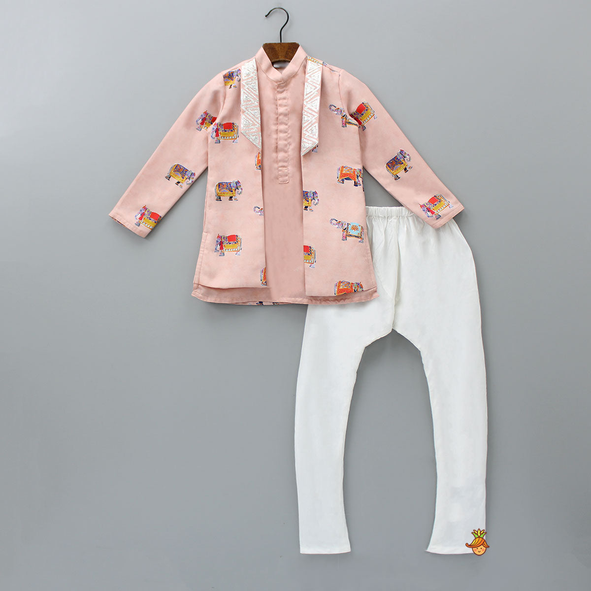 Gota Lace Work Jacket Style Printed Pink Kurta And Churidar