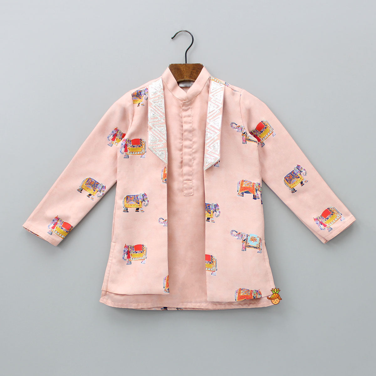 Gota Lace Work Jacket Style Printed Pink Kurta And Churidar