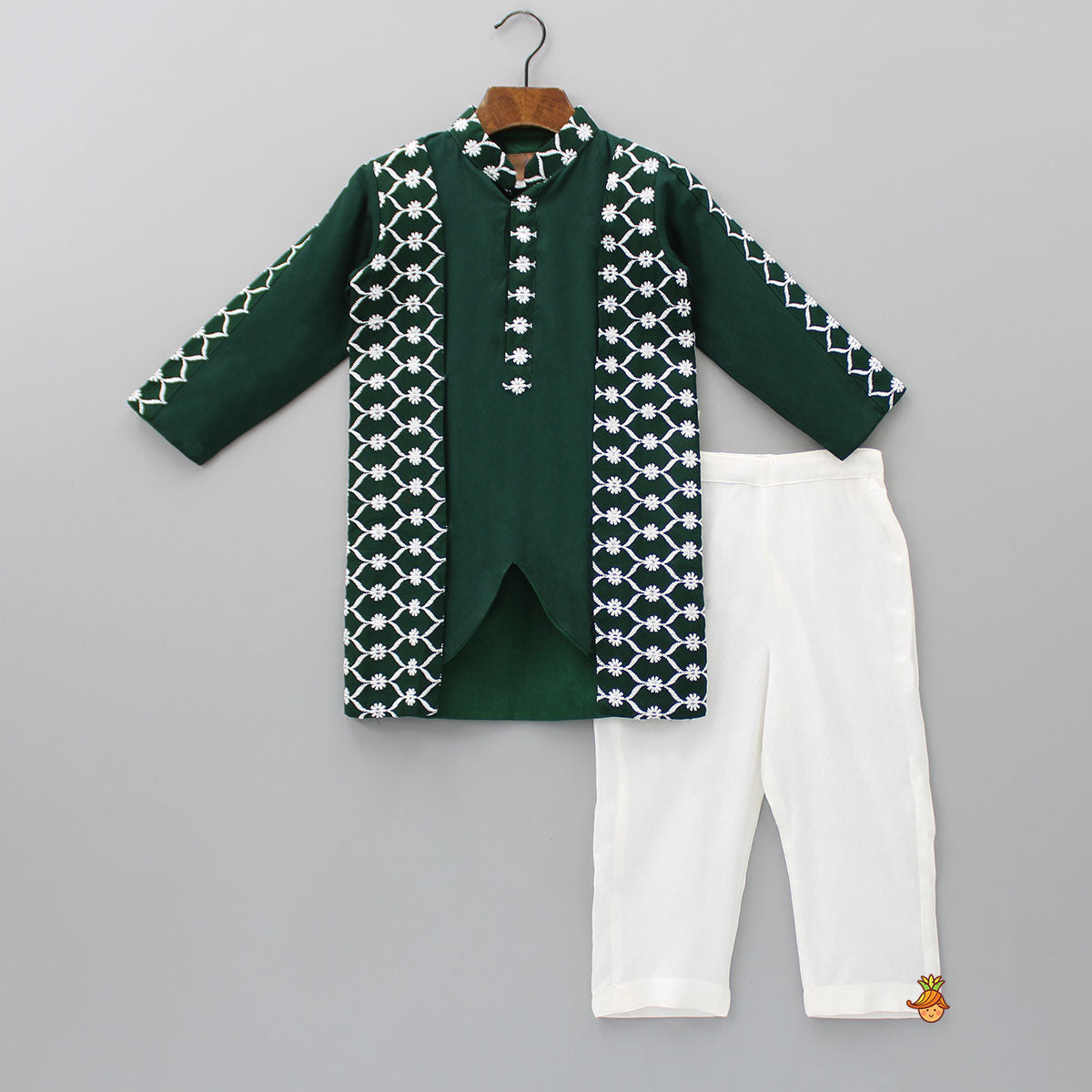 Ethnic Sequins And Thread Embroidered Green Kurta With Pyjama