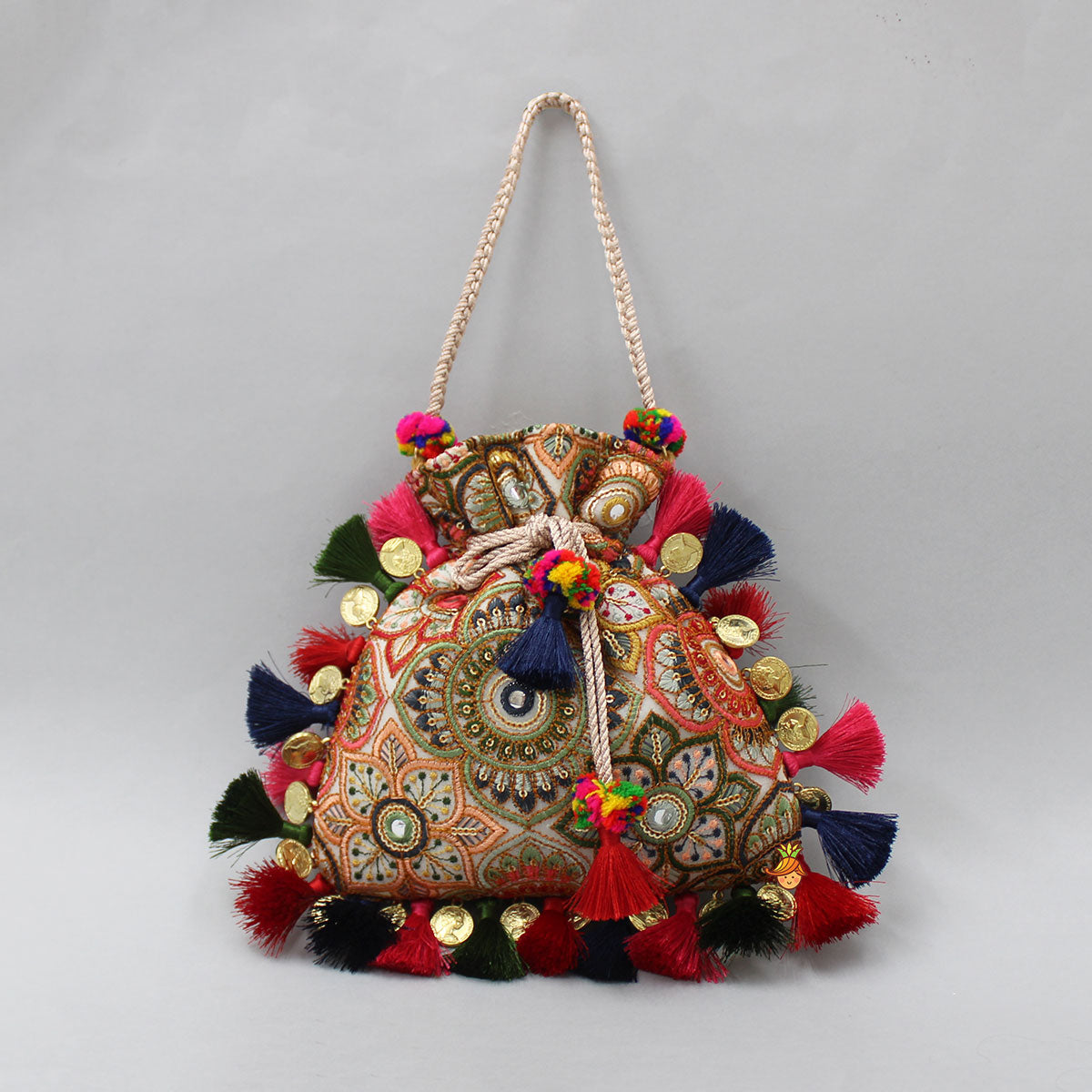 Multicolour Embroidered Fringed Tassels Detailed Potli Bag
