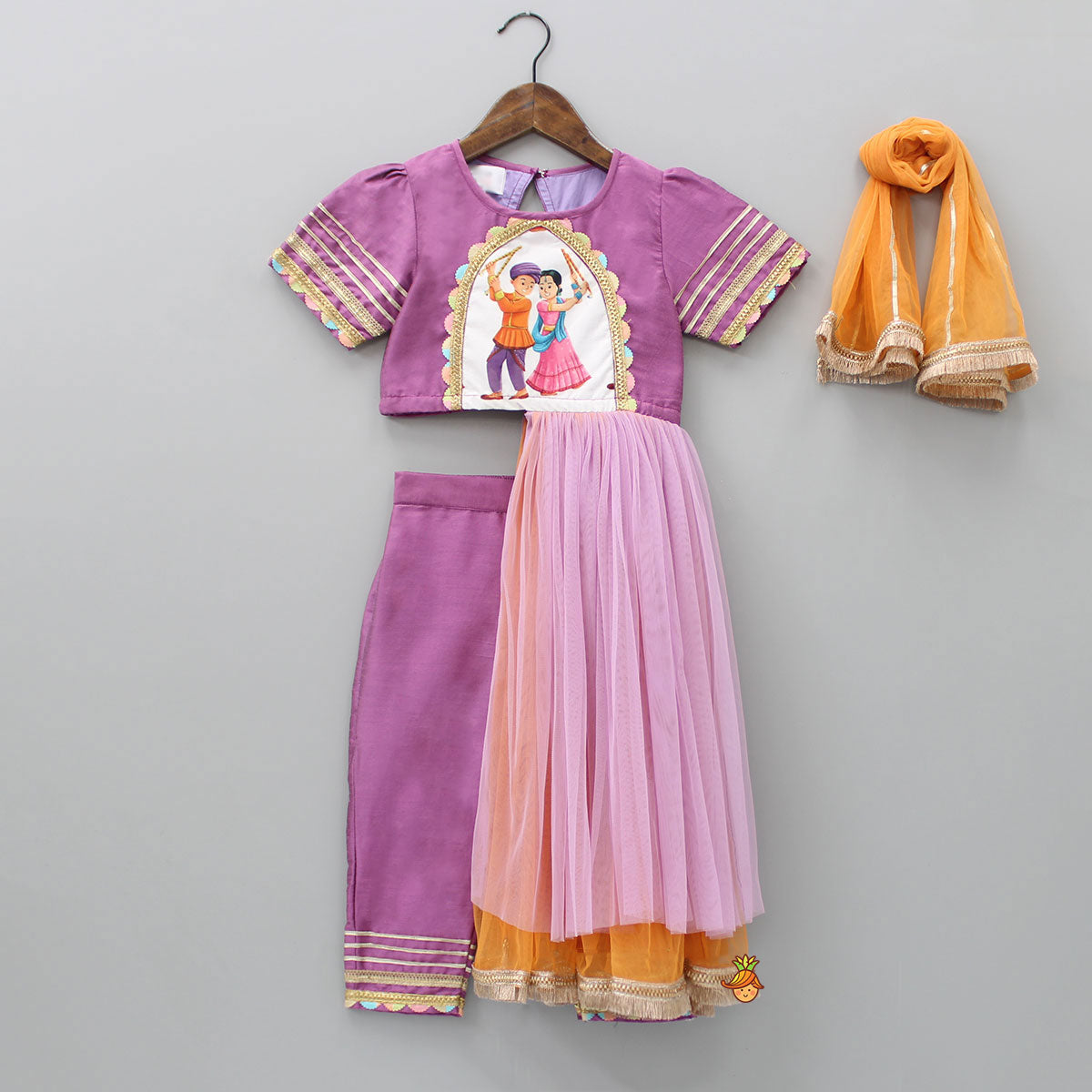Dandiya Raas Printed Top With Attached Draped And Pant With Dupatta