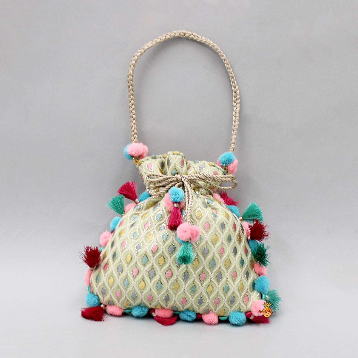 Elegant Thread Embroidered Pom Poms Enhanced Potli Bag