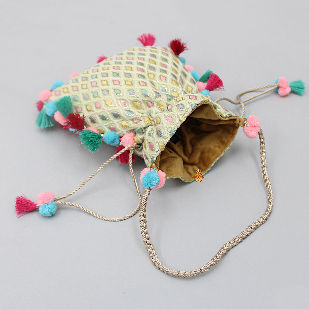Elegant Thread Embroidered Pom Poms Enhanced Potli Bag