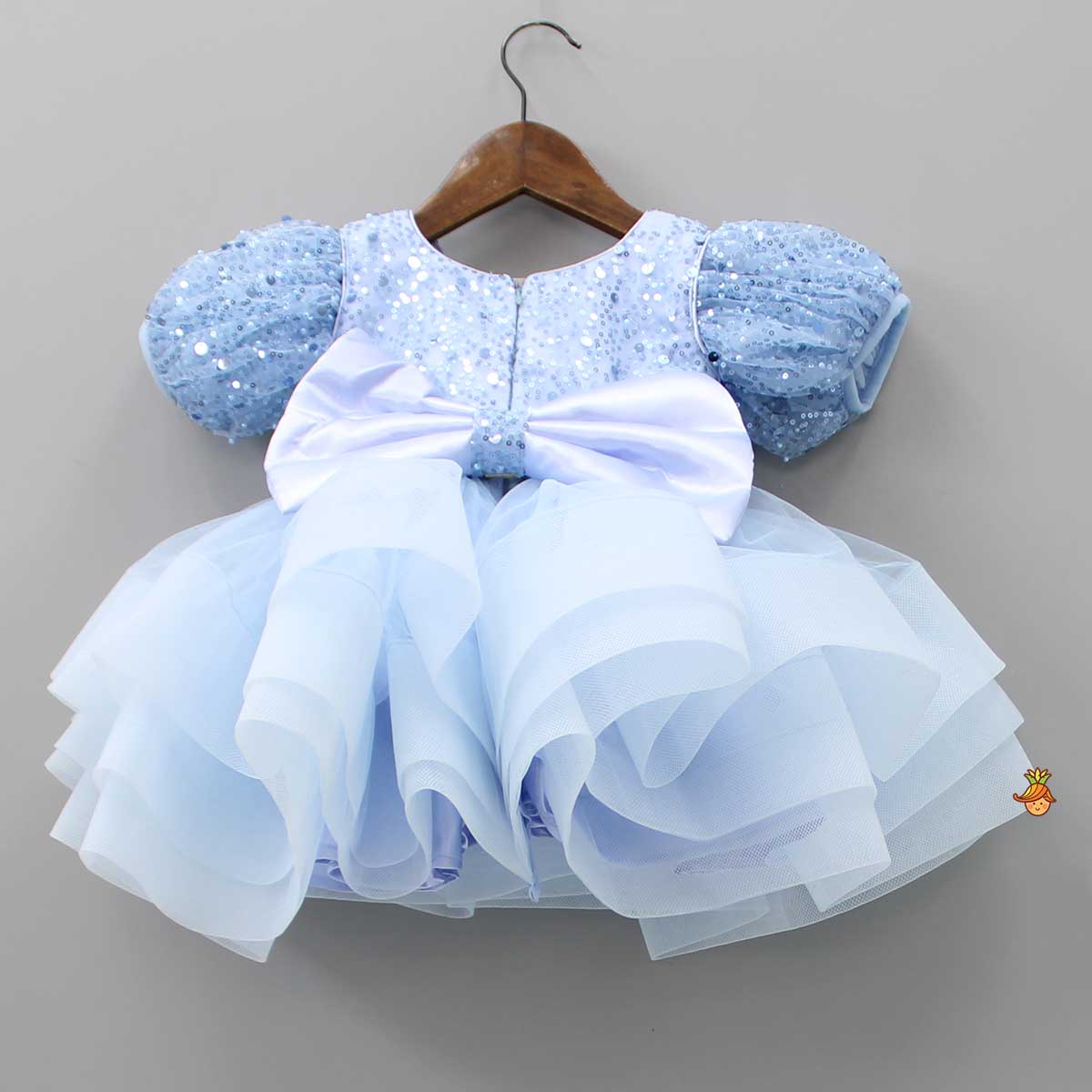 Sequined Blue Puff Sleeves Ruffle Dress With Bowie Head Band