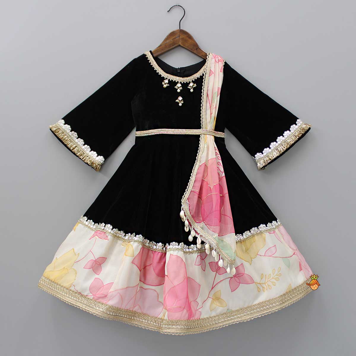 Beautiful Lace Work Black Velvet Anarkali With Attached Dupatta