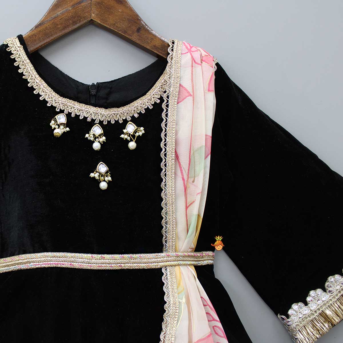 Beautiful Lace Work Black Velvet Anarkali With Attached Dupatta