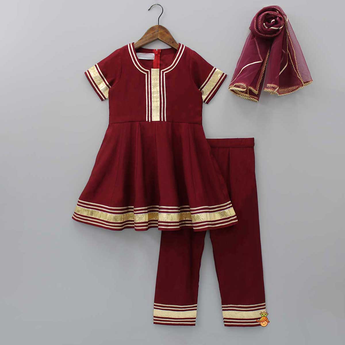 Gota Lace Detail Round Neck Maroon Kurti And Pant With Net Dupatta