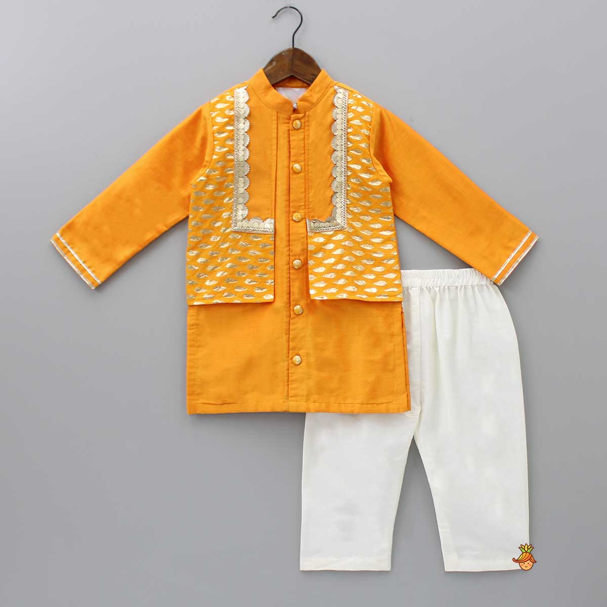 Attached Flap Orange Kurta And Off White Pyjama