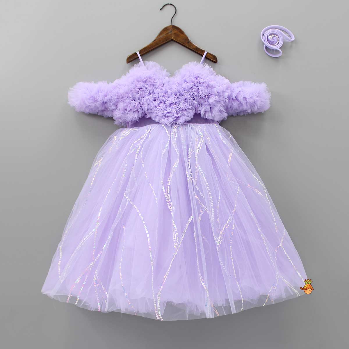 Exquisite Ruffled Lavender Gown With Matching Hair Clip