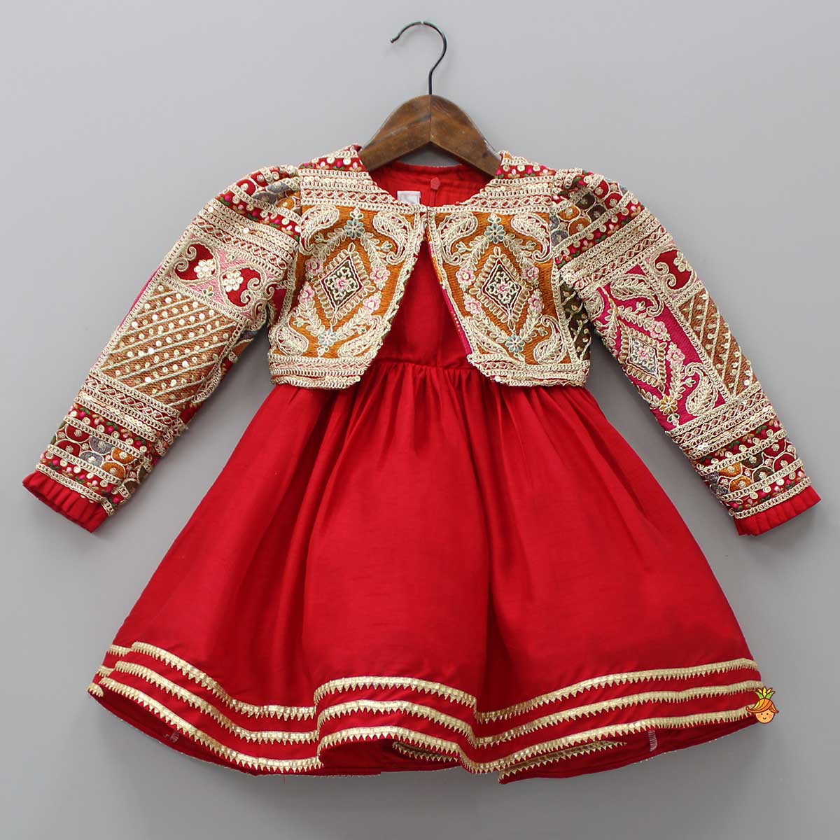 Round Neck Red Kurti With Heavy Embroidered Jacket