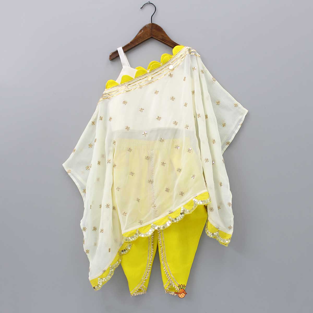 Strappy Off White Top With Embroidered Cape And Yellow Dhoti