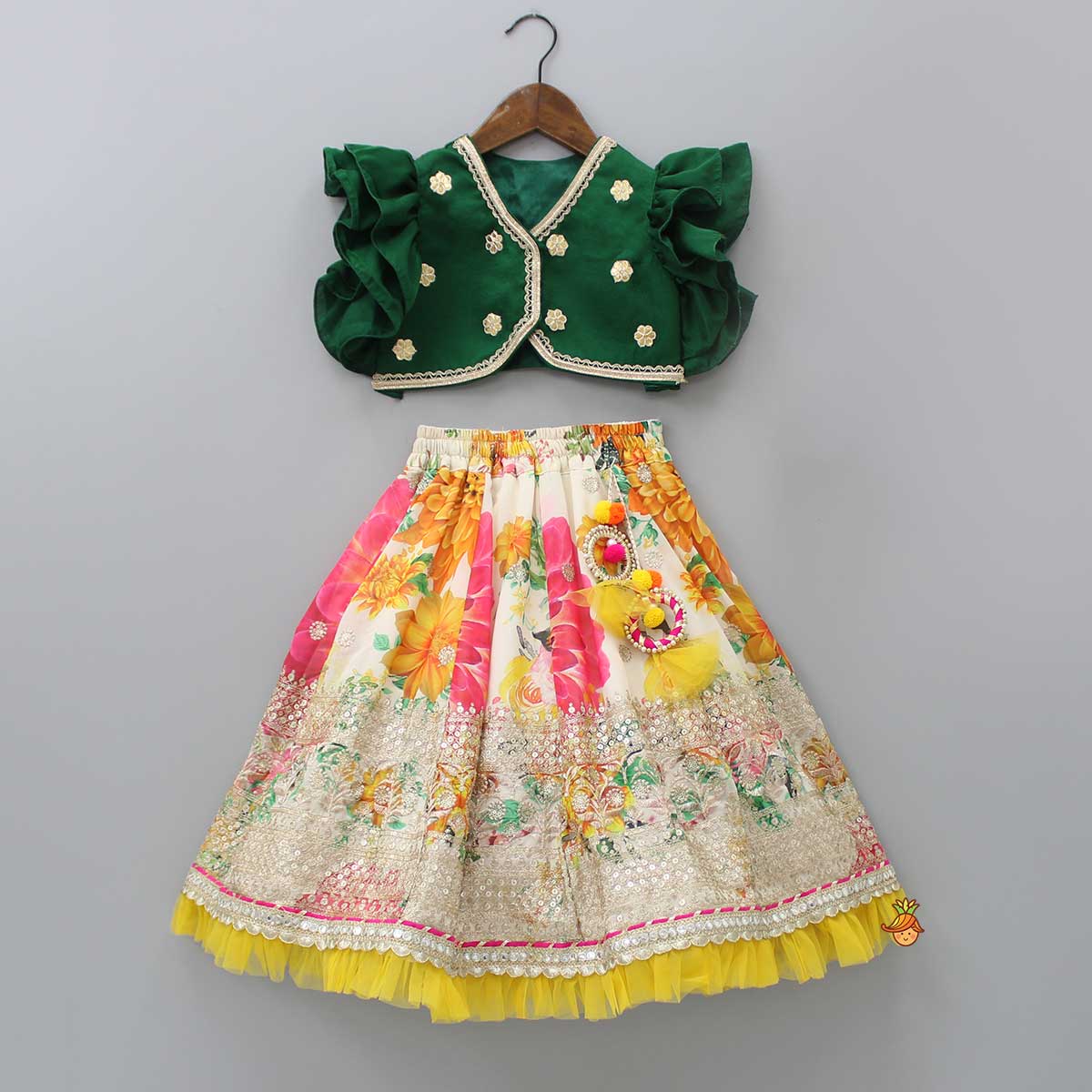 Gota Floral Work Front Open Green Top And Printed Lehenga With Dupatta