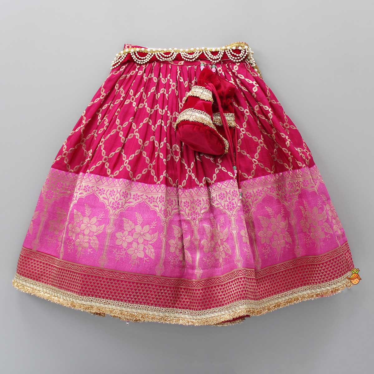 Stone Studded Pink Velvet Top And Embroidered Lehenga With Matching Dupatta And Potli Bag
